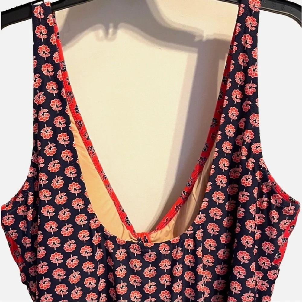 J.Crew Plus 2X One Piece Swimsuit Red Navy Floral Tummy Control Tie Front